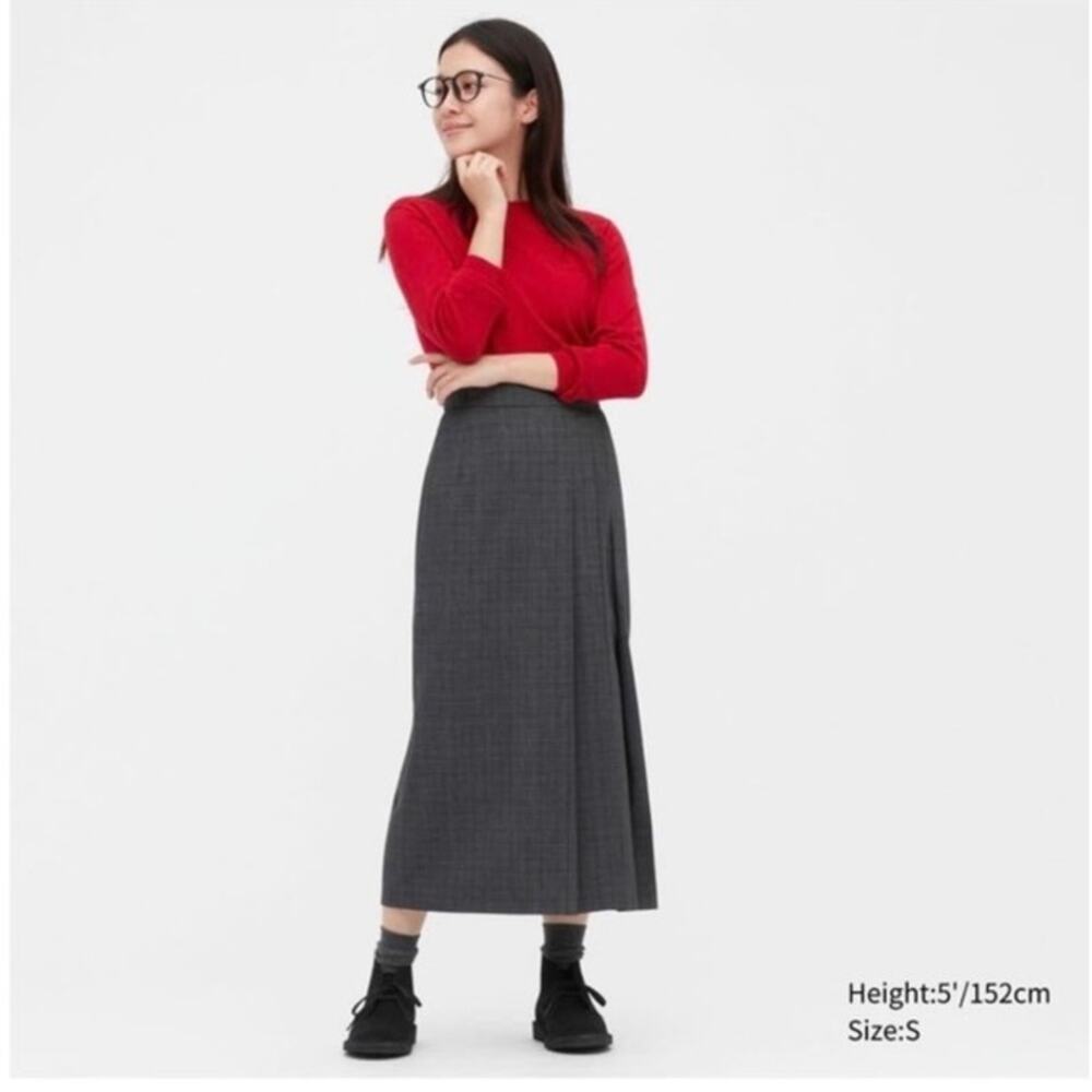 Uniqlo Side Pleated Glen Plaid Narrow Midi Skirt Small Gray Academia Fall Preppy